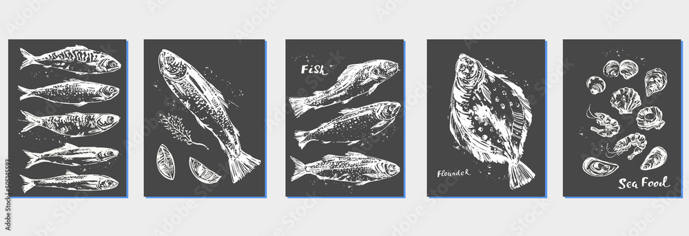 Hand drawn chalk sketch of seafood and fish