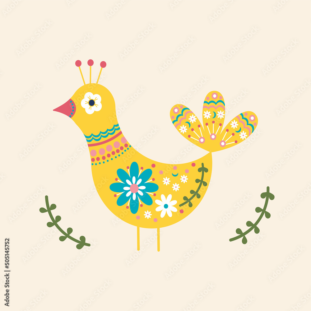 Obraz premium Bird. folk drawing. the dove of peace. folk folklore. children's drawing