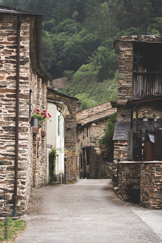 Close-up, rustic houses located in the small village of Vega de Zarza, Taramundi, Asturias. Surrounded by vegetation and mountains, vertical shot.