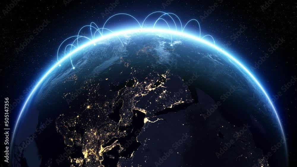 Network Over the Earth Growing. Blue Digital Lines Moving Around the World Forming Technological Global Glowing Grid Fiber Optic. Modern 3d Animation AI Business Technology Concept 4k UHD 3840x2160