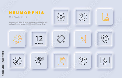 Hotline set icon. Calls around the clock, all over the planet, help, alarm clock, reminder, missed, correspondence, message. Support concept. Neomorphism style. Vector line icon for Business