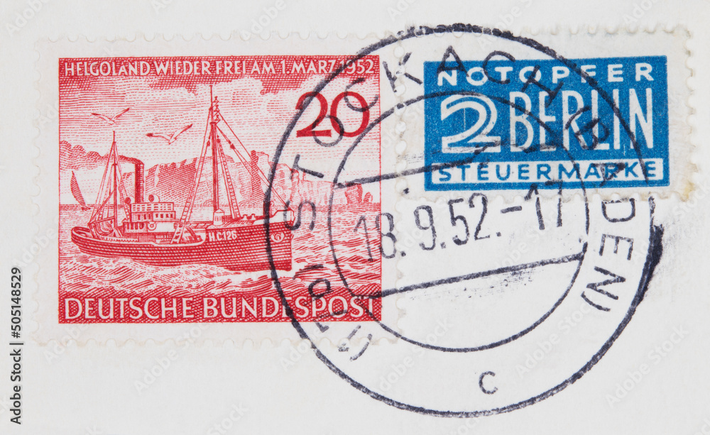 briefmarke stamp vintage retro alt old helgoland wieder frei märz 1952 rot red schiff boat boot ship felsen lange anna notopfer 2 berlin steuermarke blau stockach