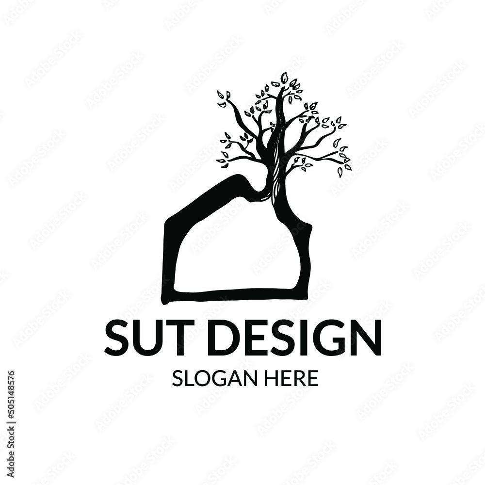 Fototapeta premium hand drawing of a house with an old tree chimney that has leaves as an interior design logo or an old house