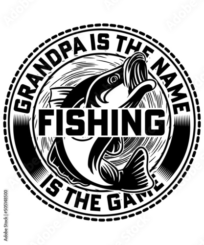 Grandpa is the name fishing is the game typography logo t-shirt design, unique and trendy, apparel, and other merchandise. Print for t-shirt, hoodie, mug, poster, label, etc.