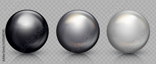 Silver and black glass balls set. Realistic 3D orb with transparent glares and highlights for decoration. Jewelry gemstone. Vector Illustration for your design