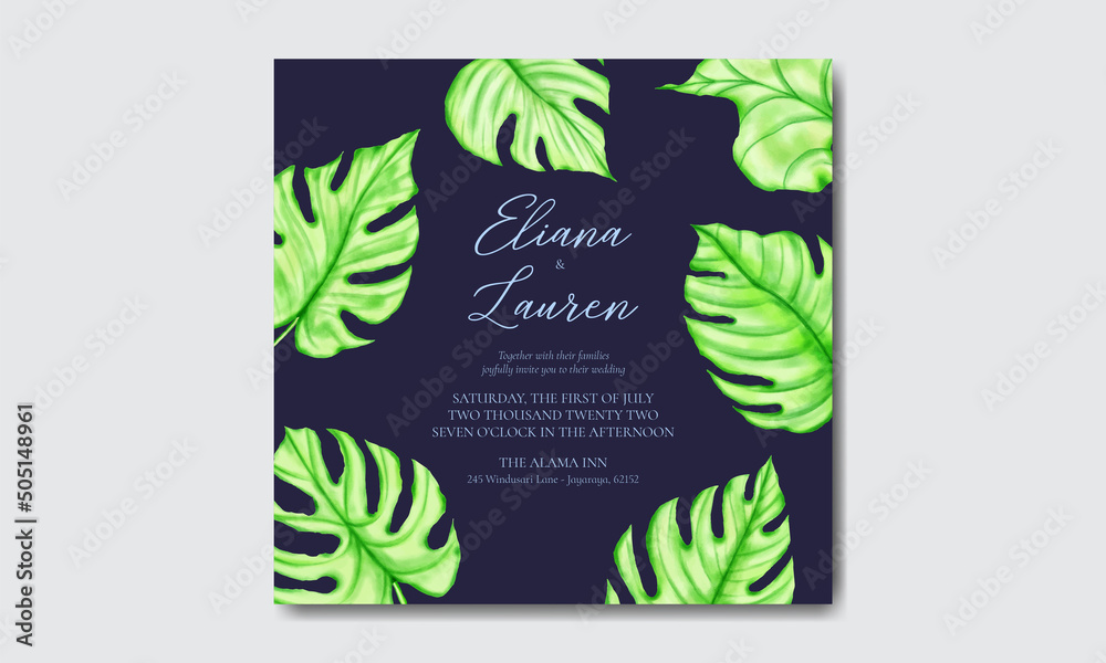 Wedding invitation card with watercolor tropical leaves