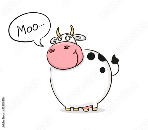 Hand drawn Funny smiling cow goes moo. Animal wildlife cartoon character. Vector illustration sketch for t shirt design, Cute Sticker, fashion print, graphic Greeting cards, posters, prints.