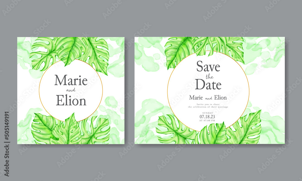 Wedding invitation card with watercolor tropical leaves frame
