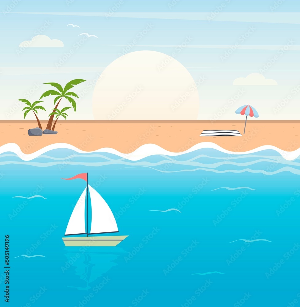 Naklejka premium Tropical summer seascape. Sandy beach with palm trees. Sailboat sailing in ocean. Sunset seaside landscape. Rest on sea. Vacation and summer holidays. Colorful flat vector illustration.