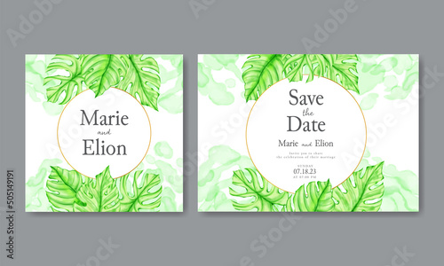 Wedding invitation card with watercolor tropical leaves frame