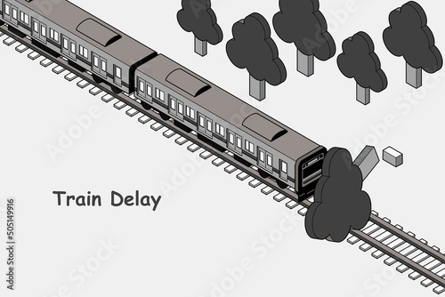 倒木により電車が止められて遅延しているアイソメトリックイラスト.