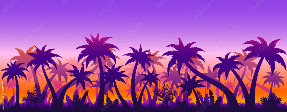 Tropical palm tree seamless sunset flat background. Subtropical wallpaper tourism company profile screen saver exotic country travel site. Dense summer foliage forest landscape horizont deep evening