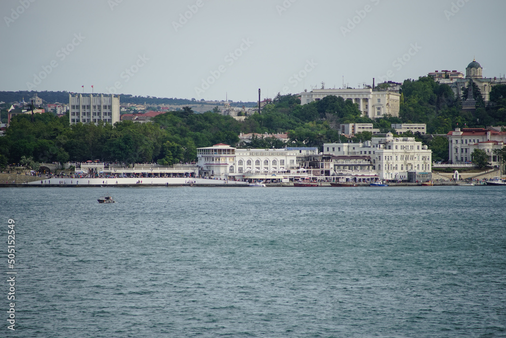 The city of Sevastopol from the sea with a variety of buildings and ships