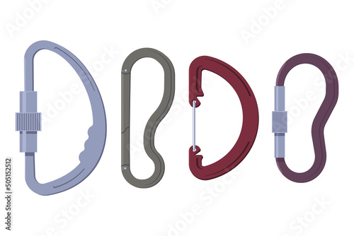 Climbing and hiking carabiners vector cartoon set isolated on a white background.