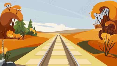 Railroad in autumn season. Beautiful outdoor scene.
