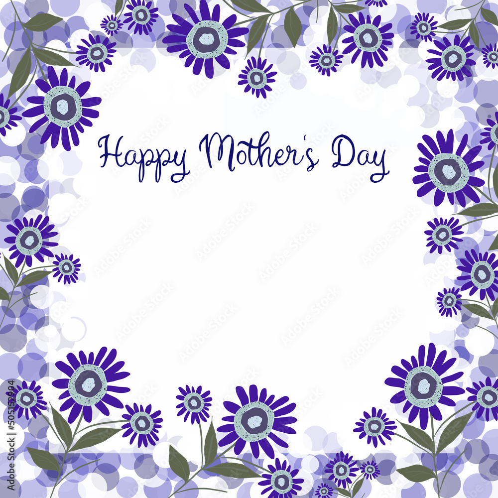 Card with spring flowers. Text frame with delicate purple flowers for greeting text, invitation and greeting card.