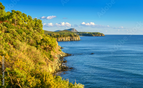 Obraz na płótnie Beautiful panorama of summer seascape of Mediterranean sea. Green hills of Peloponnese peninsula, Greece, Europe. w salonie