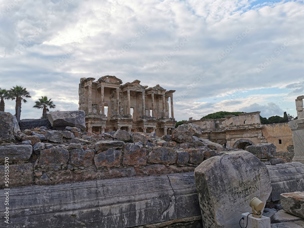 Panorama of the ancient library of Celsus in Ephesus. Turkey. UNESCO cultural heritage.