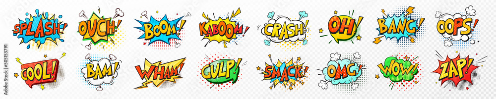 Vector set comic speech bubbles, book sound effects. Pop art messages different shapes, emotions. Comics font label tag expression, fun book balloon. Cartoon explosion cloud phrase on white background - obrazy, fototapety, plakaty 