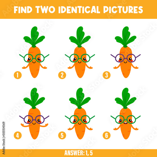 Educational game for kids, children. Find two identical carrot characters. Game-based perception learning, guessing game. Vector printable illustration, page.