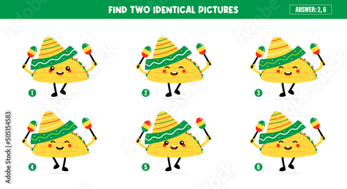Educational game for kids, children. Find two identical taco characters. Game-based perception learning, guessing game. Vector printable illustration, page.

