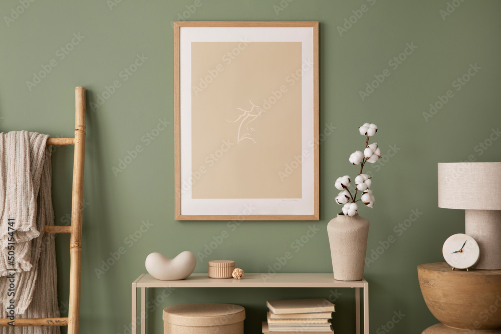 Stylish living room interior design with mock up poster frames, wooden chest of drawers, beige vase and creative home accessories. Sage green wall. Template. - obrazy, fototapety, plakaty 