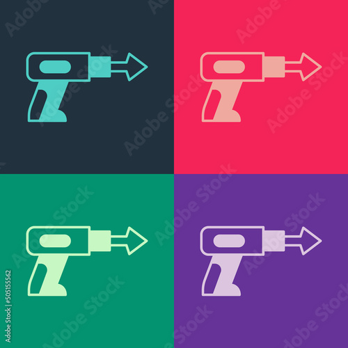 Pop art Fishing harpoon icon isolated on color background. Fishery manufacturers for catching fish under water. Diving underwater equipment. Vector