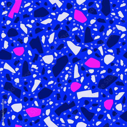 Terrazzo luxury style vector seamless pattern. Geometric shape marble, stone on bright blue color background. Stone tile. Floor, wall, fabric or paper premium design. Pink neon color. Wallpaper decor.