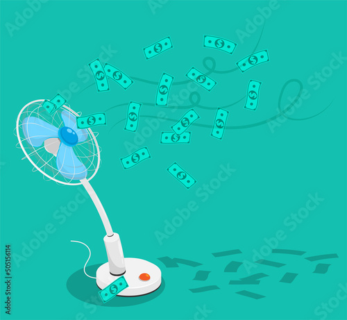 Fan on high stand blows powerful of jet air at flying money. Inflation and depreciation of bank deposits. Cartoon vector concept on theme of inflation and depreciation of money