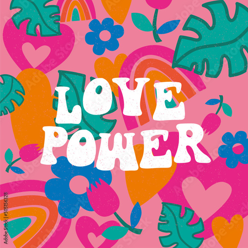 Hippie style lettering with hippie elements Love Power Vector illustration