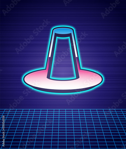 Retro style Traditional korean hat icon isolated futuristic landscape background. 80s fashion party. Vector