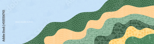Abstract rice field or art asian banner. Curly mountain eco farm vector background. Green hill horizon illustration, oriental retro pattern. Summer landscape template. Nature panorama with texture