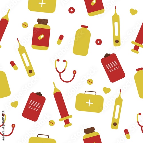 Medicine vector seamless pattern with red and yellow colors.