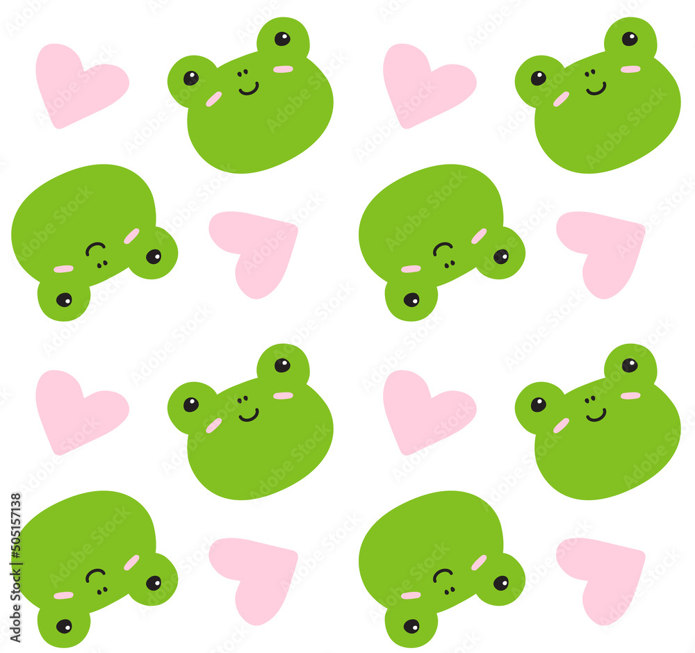 Vector seamless pattern of flat hand drawn frog face with hearts isolated on white background Vector seamless pattern of flat hand drawn frog face with hearts isolated on white background