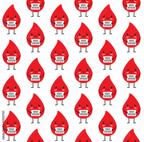 Vector seamless pattern of hand drawn flat blood drop with donate your blood card isolated on white background