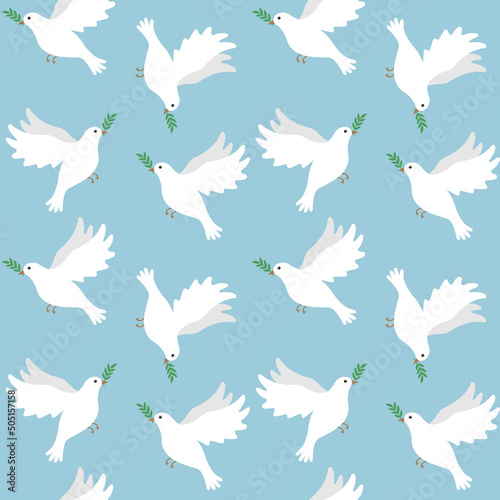 Vector seamless pattern of flat hand drawn doves of peace isolated on blue background © Sweta