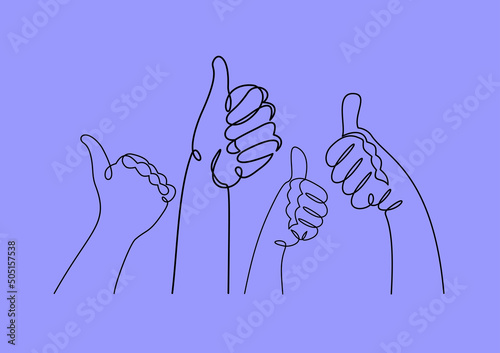 Single line drawing of thumbs up. Business group continuous line draw vector illustration