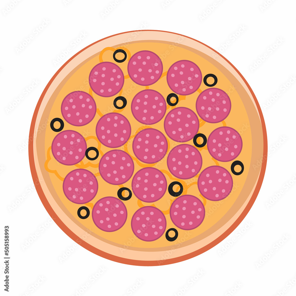 Pizza with salami and olives. Vector illustration in a flat style on a white background. Top view. Pizza with salami and olives. Vector illustration in a flat style on a white background. Top view.