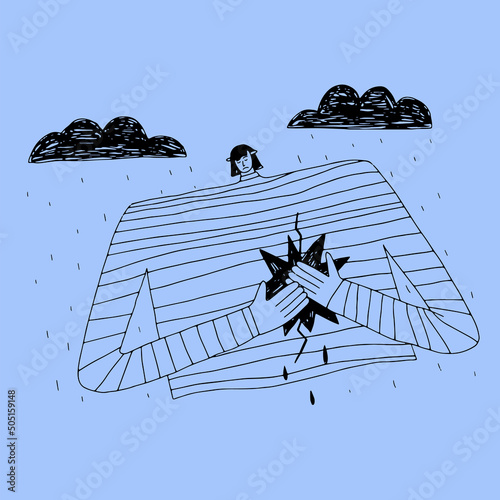 vector character of a sad girl in the rain-the concept of psychological trauma.Black and white hand drawn pencil sketch.Depression and frustration.Heartache in the heart.Despondency,sadness and apathy