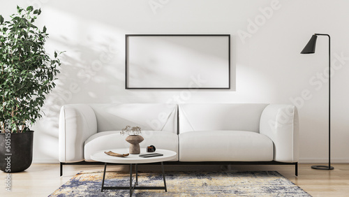 blank picture frame mock up in modern light living room interior with white sofa, 3d rendering photo
