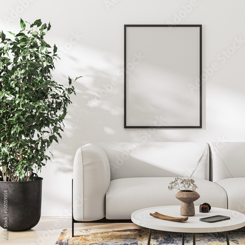 poster frame mock up in living room interior in white tones, 3d rendering photo