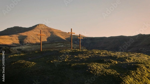 Crosses on the hill, sun rays, flares, mountains, landscpae, representing the resurrection of Christ