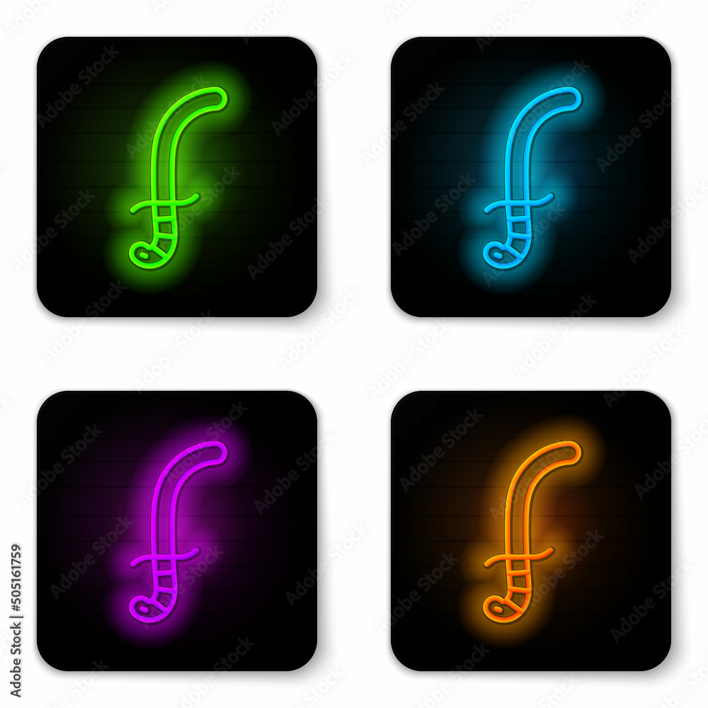 Glowing neon line Medieval sword icon isolated on white background. Medieval weapon. Black square button. Vector Glowing neon line Medieval sword icon isolated on white background. Medieval weapon. Black square button. Vector