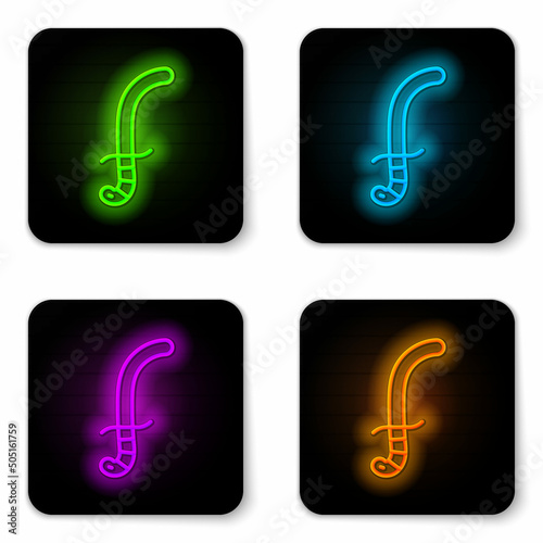 Glowing neon line Medieval sword icon isolated on white background. Medieval weapon. Black square button. Vector
