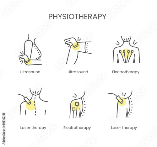 Physiotherapy is a set of line icons. Ultrasound for the shoulder, elbow or knee, electrotherapy for the back or shoulder. Laser therapy vector illustration photo