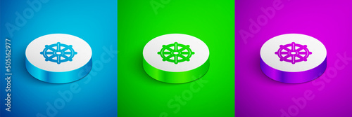 Isometric line Dharma wheel icon isolated on blue,green and purple background. Buddhism religion sign. Dharmachakra symbol. White circle button. Vector