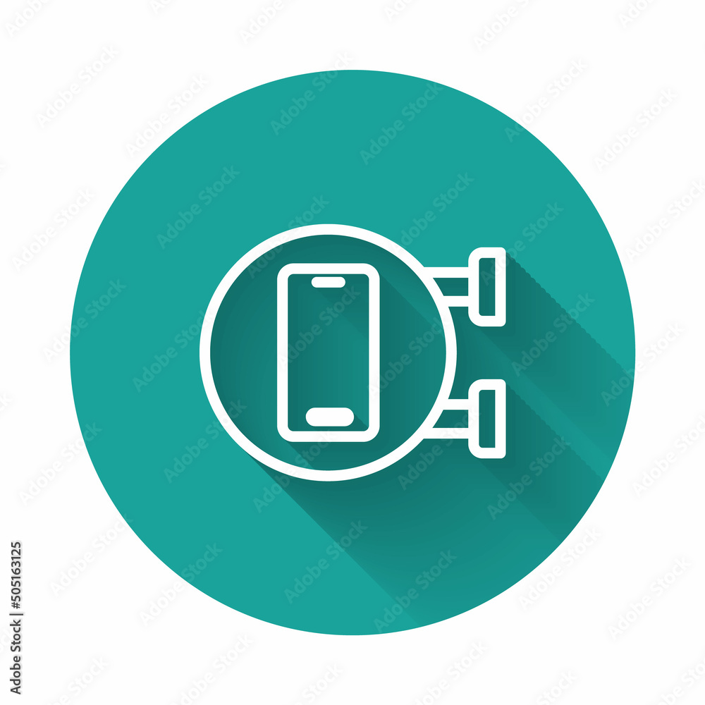 White line Phone repair service icon isolated with long shadow background. Adjusting, service, setting, maintenance, repair, fixing. Green circle button. Vector White line Phone repair service icon isolated with long shadow background. Adjusting, service, setting, maintenance, repair, fixing. Green circle button. Vector