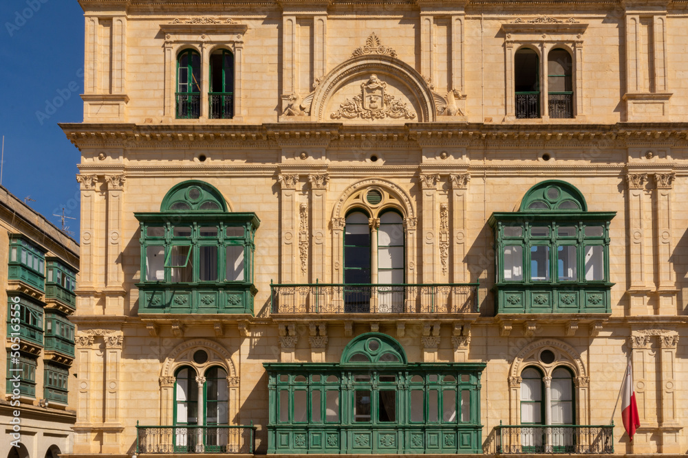 Traditional Maltese House Facades in the City Center of Valetta on the Island of Malta 