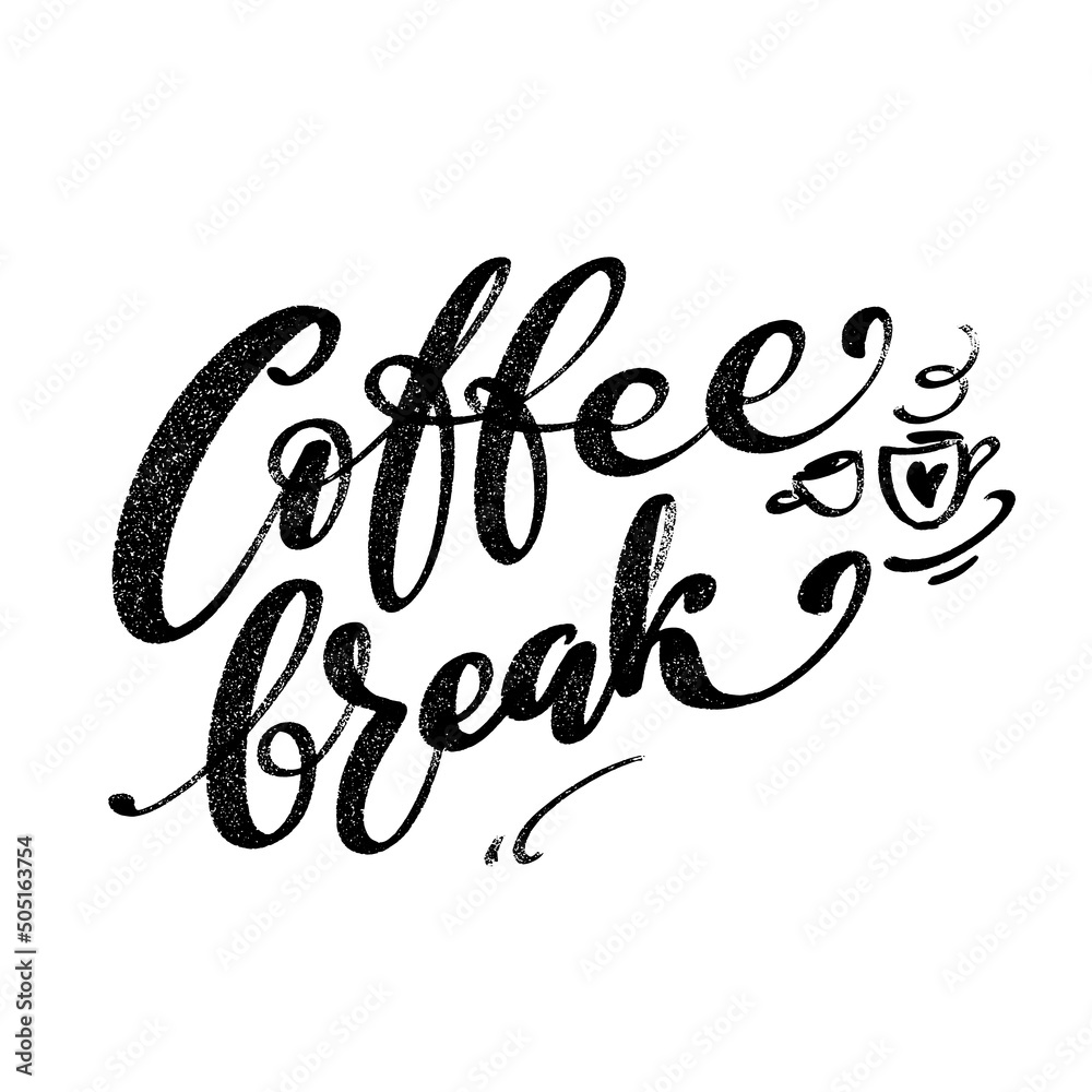 Coffee break hand written words with coffee cups and heart. Lettering coffee graphic concept. Coffee break hand written words with coffee cups and heart. Lettering coffee graphic concept.