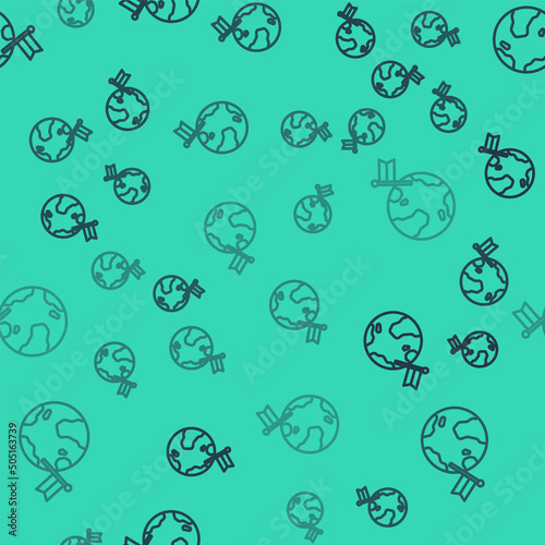 Black line Planet with flag icon isolated seamless pattern on green background. Victory, winning and conquer adversity concept. Vector